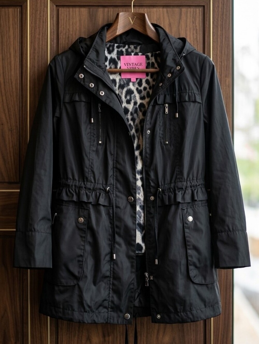 Betsey Johnson Black Hooded Utility Jacket with Faux Fur Trim.